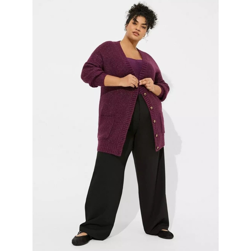 Torrid Purple Chunky Knit Long Cardigan Sweater Button Front Pocket Size 1/14-16